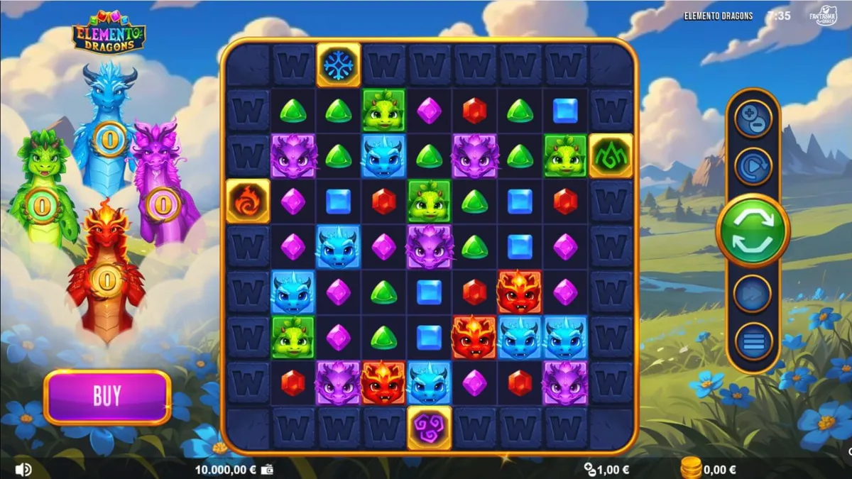 Tampilan visual grid 9x9 dalam slot Elemento Dragons dengan tema elemen naga.